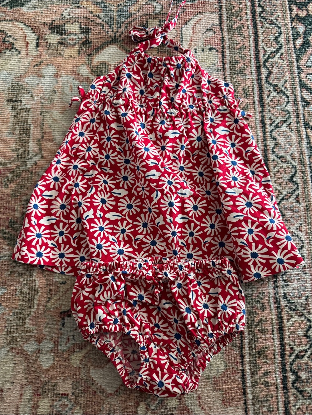 Janie and Jack Red Daisy Halter Pajama Set with Navy Accents